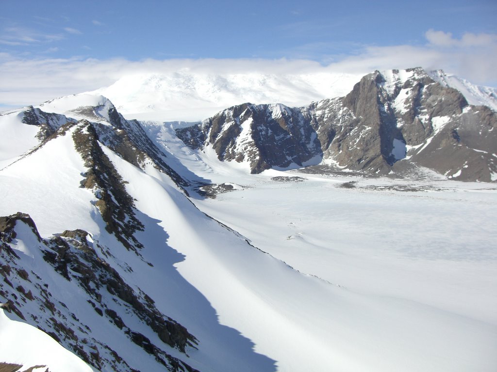 Photo taken from one of the peaks in the left side of the video (on a nice day). The camp was on the moraine to the left of the icefall in the back of the valley.