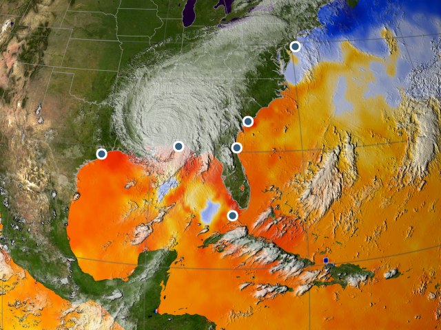 The study is based on data from monitoring stations along the Eastern Seaboard of the United States, where the daily tide levels have been recorded all the way back to 1923. Rapid changes in sea level show that there has been a tropical storm. The map shows cloud cover and ocean temperatures when Hurricane Katrina hit New Orleans in 2005. Warm colors show ocean temperatures exceeding 28° C which can strengthen hurricanes. Background image: NASA/GSFC.